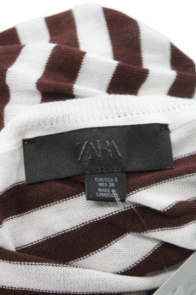 Zara Womens Pullover Striped Brown Viscose Long Sleeve Round Neck Size S