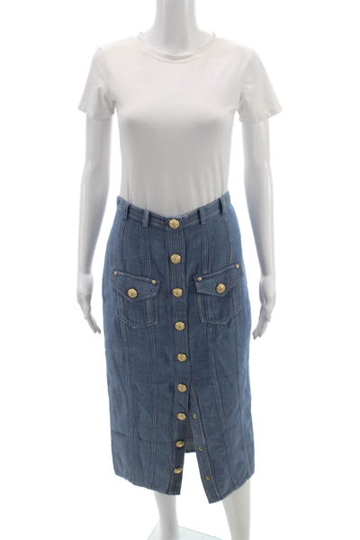Balmain Women Blue Straight Pencil Skirt Cotton Linen Button Size 38