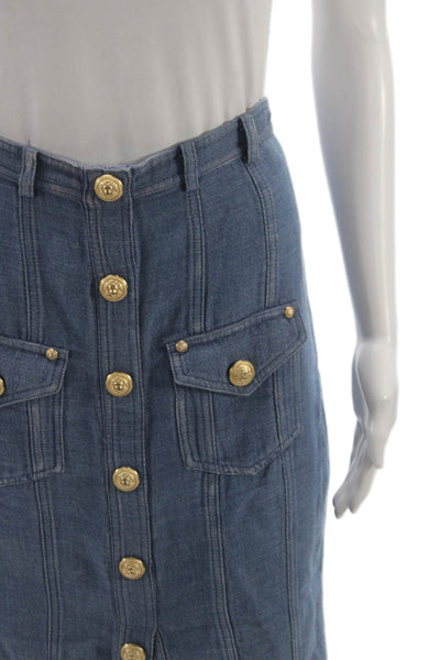 Balmain Women Blue Straight Pencil Skirt Cotton Linen Button Size 38