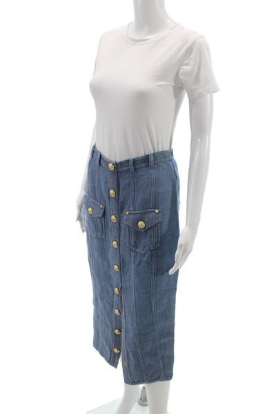 Balmain Women Blue Straight Pencil Skirt Cotton Linen Button Size 38