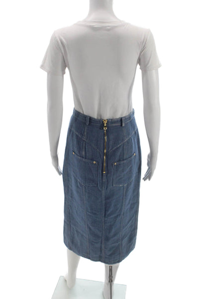 Balmain Women Blue Straight Pencil Skirt Cotton Linen Button Size 38