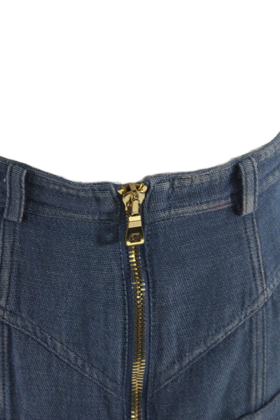 Balmain Women Blue Straight Pencil Skirt Cotton Linen Button Size 38