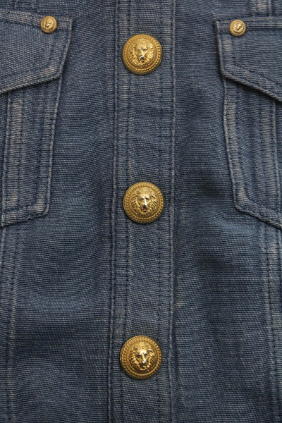Balmain Women Blue Straight Pencil Skirt Cotton Linen Button Size 38