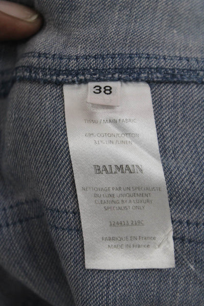 Balmain Women Blue Straight Pencil Skirt Cotton Linen Button Size 38