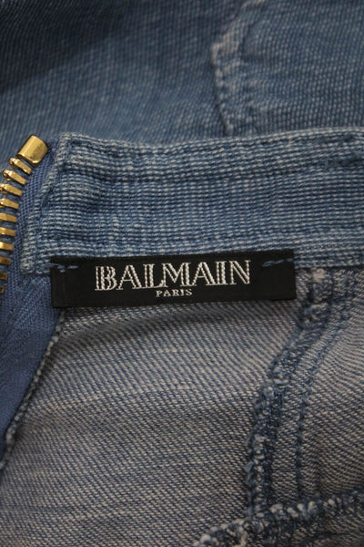 Balmain Women Blue Straight Pencil Skirt Cotton Linen Button Size 38