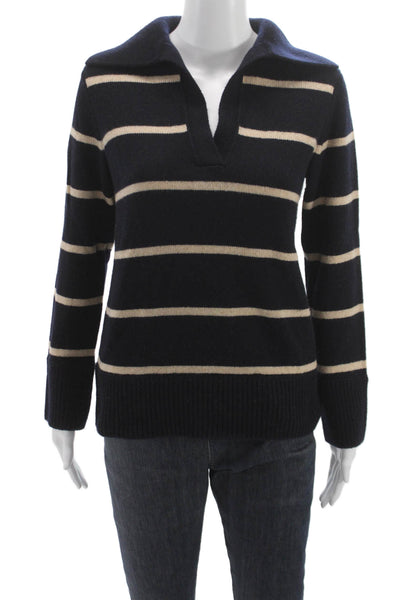 Vince Womens Collared Striped Wool Cashmere Pullover Sweater Navy Size XS