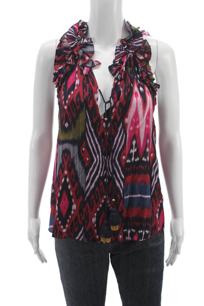 Figue Womens Multicolor Viscose Halter Laceup Geometric Sleeveless Blouse Size S
