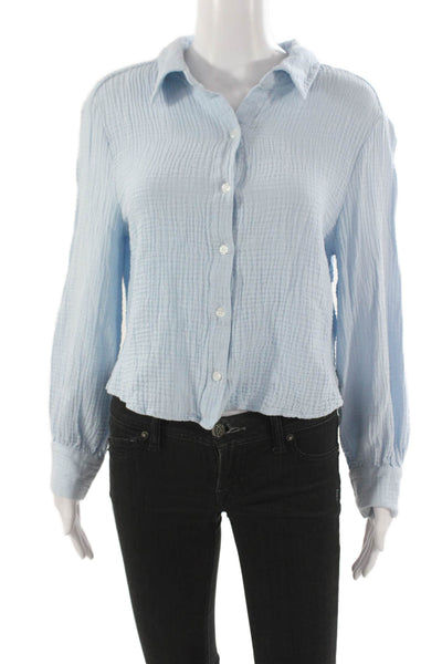 Drew Womens Button Down Collared Cotton Blouse Long Sleeve Blue Size L