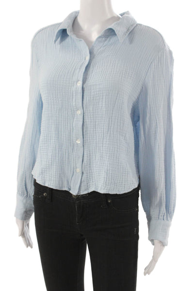 Drew Womens Button Down Collared Cotton Blouse Long Sleeve Blue Size L