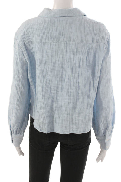 Drew Womens Button Down Collared Cotton Blouse Long Sleeve Blue Size L