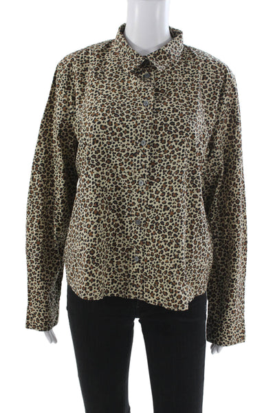 J Crew Unisex Adults Beige Animal Print Collared Button Down Long Sleeve Size L