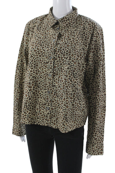 J Crew Unisex Adults Beige Animal Print Collared Button Down Long Sleeve Size L