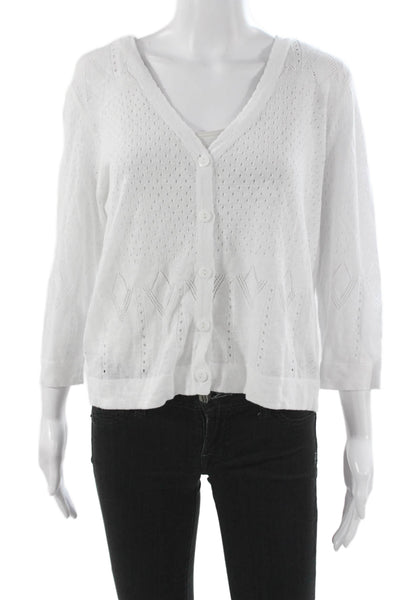 Metric Knits Womens White Linen V Neck Argyle Cardigan 3/4 Sleeve Size L
