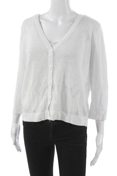 Metric Knits Womens White Linen V Neck Argyle Cardigan 3/4 Sleeve Size L