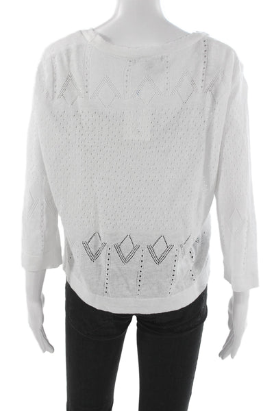 Metric Knits Womens White Linen V Neck Argyle Cardigan 3/4 Sleeve Size L