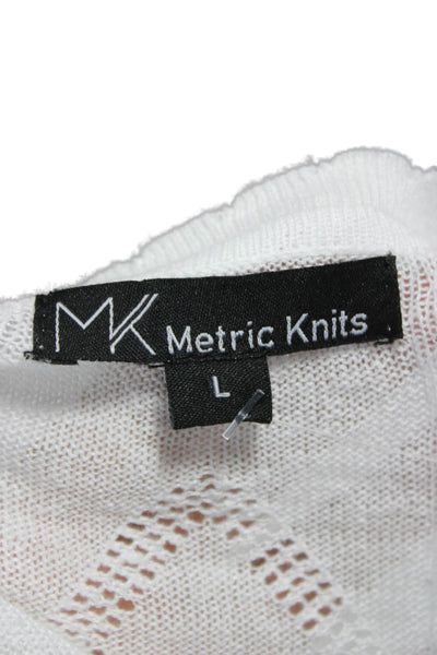 Metric Knits Womens White Linen V Neck Argyle Cardigan 3/4 Sleeve Size L