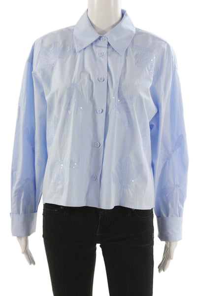 Zara Unisex Adults Button Down Collared Floral Cotton Long Sleeve Blue Size M