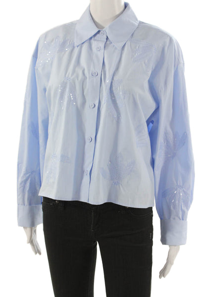 Zara Unisex Adults Button Down Collared Floral Cotton Long Sleeve Blue Size M