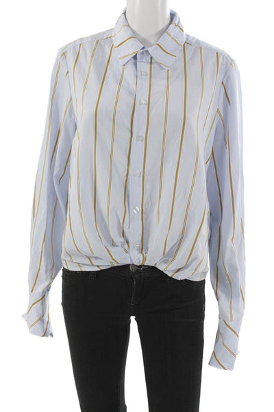 Finley Womens Button Down Striped Viscose Collared Long Sleeve Blue Top Size M