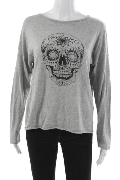 Skull Cashmere Women Gray Boat Neck Long Sleeve Cotton T Shirt Size XS