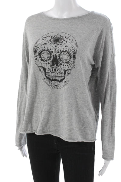 Skull Cashmere Women Gray Boat Neck Long Sleeve Cotton T Shirt Size XS
