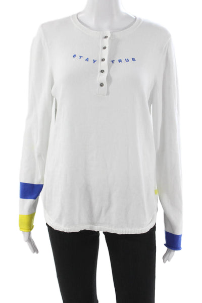 Lisa Todd Women Henley Sweater White Striped Cotton Long Sleeve Size L