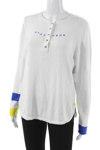 Lisa Todd Women Henley Sweater White Striped Cotton Long Sleeve Size L