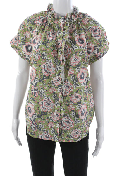 Sundays Womens Blouse Green Floral Collared Button Short Sleeve Cotton Size M