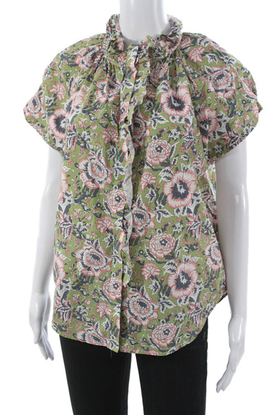 Sundays Womens Blouse Green Floral Collared Button Short Sleeve Cotton Size M