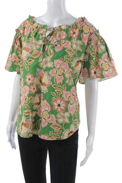 Sundays Womens Blouse Green Floral Collared Button Short Sleeve Cotton Size M