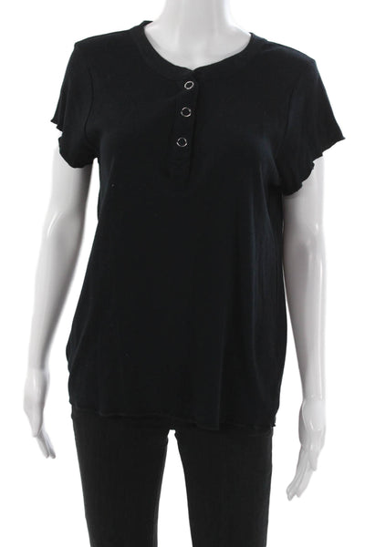Chaser Womens Basic Henley T-Shirt Black 100% Cotton Short Sleeve Size L