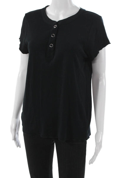 Chaser Womens Basic Henley T-Shirt Black 100% Cotton Short Sleeve Size L