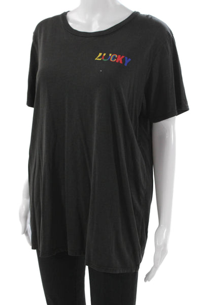 Lauren Moshi Womens Basic Lucky Graphic Crew Neck Black T-Shirt Size M