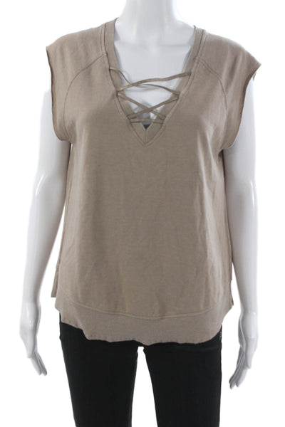 Sundays Womens Basic Lace Up V Neck Beige Tank Size 2