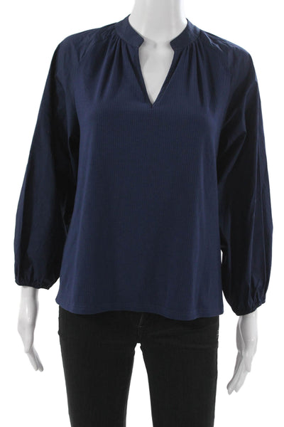 Cartolina Women Basic Striped Cotton V-Neck 3/4 Sleeve Blouse Blue Size S