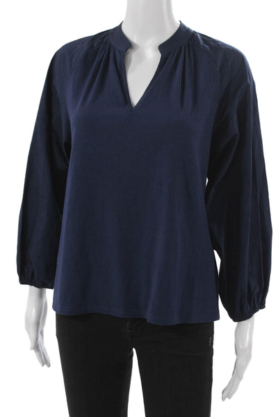 Cartolina Women Basic Striped Cotton V-Neck 3/4 Sleeve Blouse Blue Size S