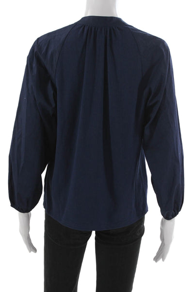 Cartolina Women Basic Striped Cotton V-Neck 3/4 Sleeve Blouse Blue Size S