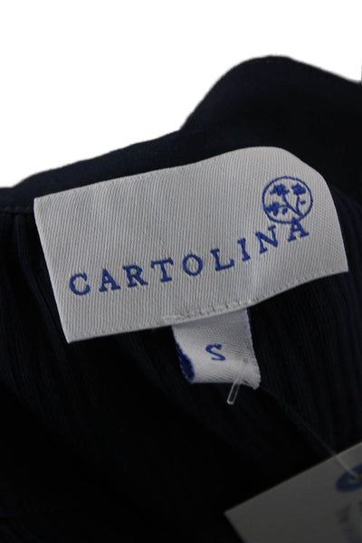 Cartolina Women Basic Striped Cotton V-Neck 3/4 Sleeve Blouse Blue Size S