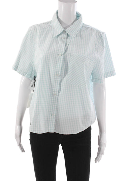 Sunday Best Women Blue Check Collared Short Sleeve Cotton Button-Up Top Size L