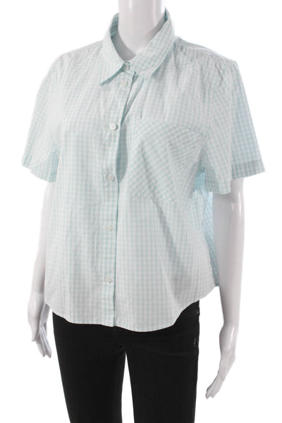 Sunday Best Women Blue Check Collared Short Sleeve Cotton Button-Up Top Size L