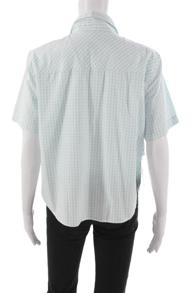 Sunday Best Women Blue Check Collared Short Sleeve Cotton Button-Up Top Size L