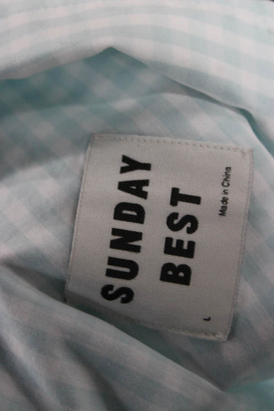 Sunday Best Women Blue Check Collared Short Sleeve Cotton Button-Up Top Size L