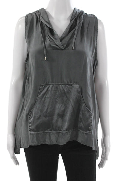 Acrobat Women Silk Sleeveless V-Neck Pullover Hoodie Gray Drawstring Size L