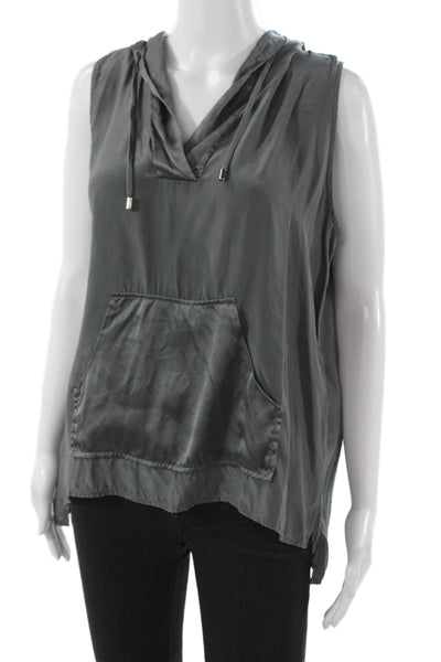 Acrobat Women Silk Sleeveless V-Neck Pullover Hoodie Gray Drawstring Size L