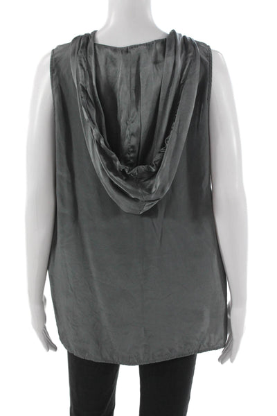 Acrobat Women Silk Sleeveless V-Neck Pullover Hoodie Gray Drawstring Size L