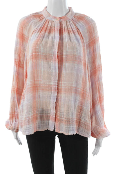 Bella Dahl Women Orange Plaid Cotton Collared Long Sleeve Blouse Size M