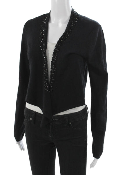White + Warren Women Black V-Neck Cardigan Silk Angora Blend Long Sleeve Size M