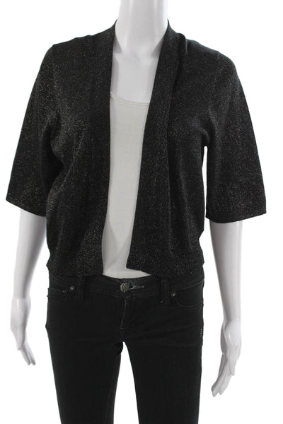 White + Warren Women Black Collared Short Sleeve Cardigan 69% Cotton Size M
