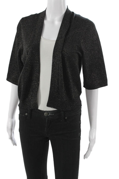 White + Warren Women Black Collared Short Sleeve Cardigan 69% Cotton Size M