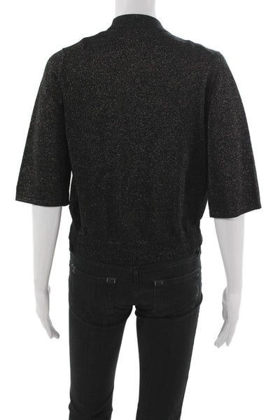 White + Warren Women Black Collared Short Sleeve Cardigan 69% Cotton Size M